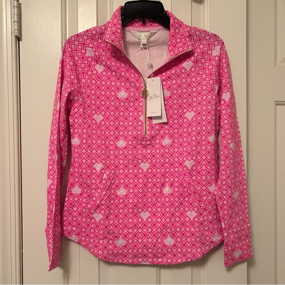 Lilly Pulitzer UPF 50+ Skipper Popover Pink Fluttering Hearts Size XXS NWT